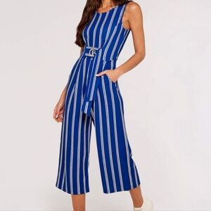 NWOT APRICOT striped blue white wide leg self tie romper pants jumpsuit sz 12